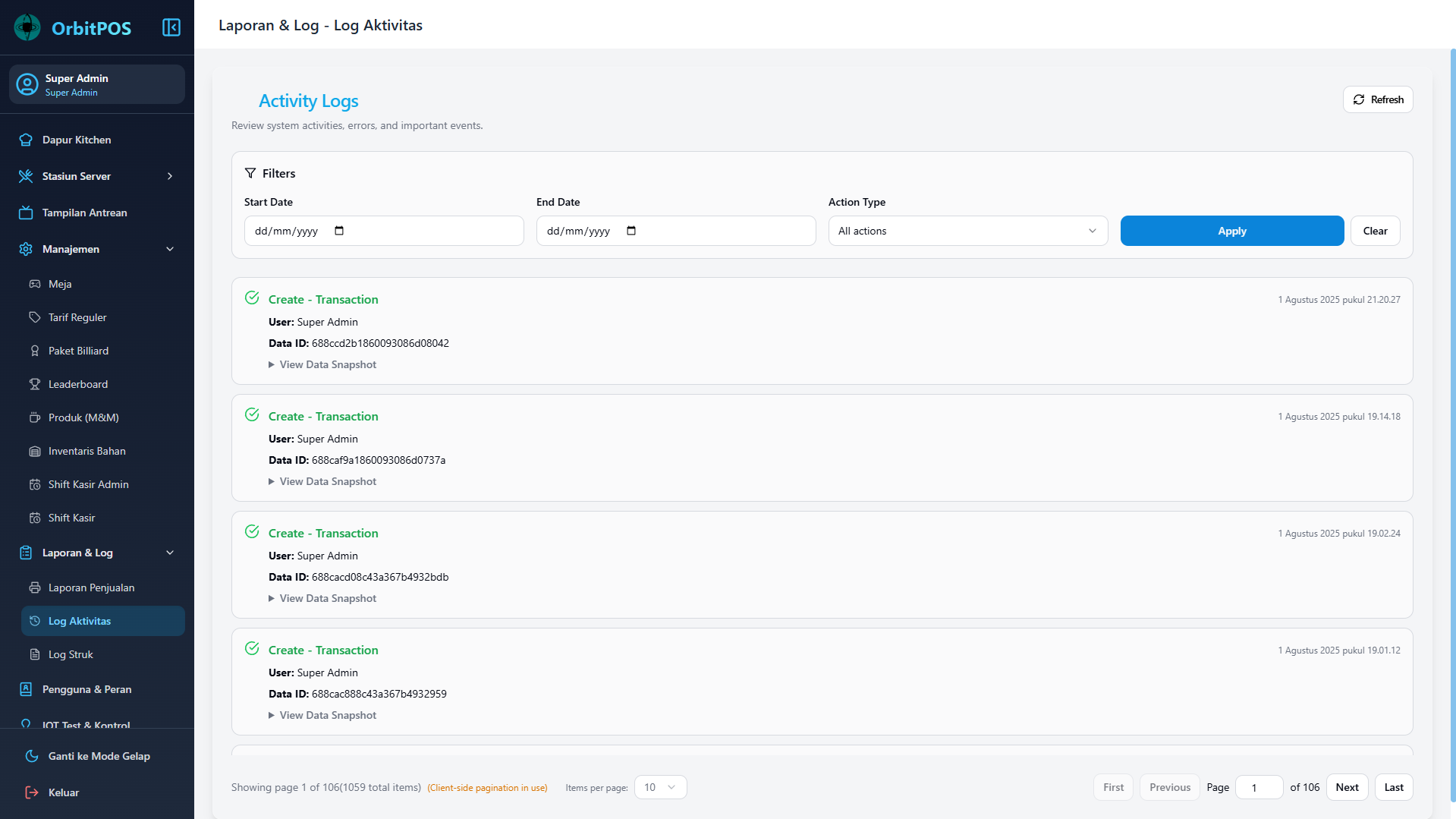 Activity Log Interface